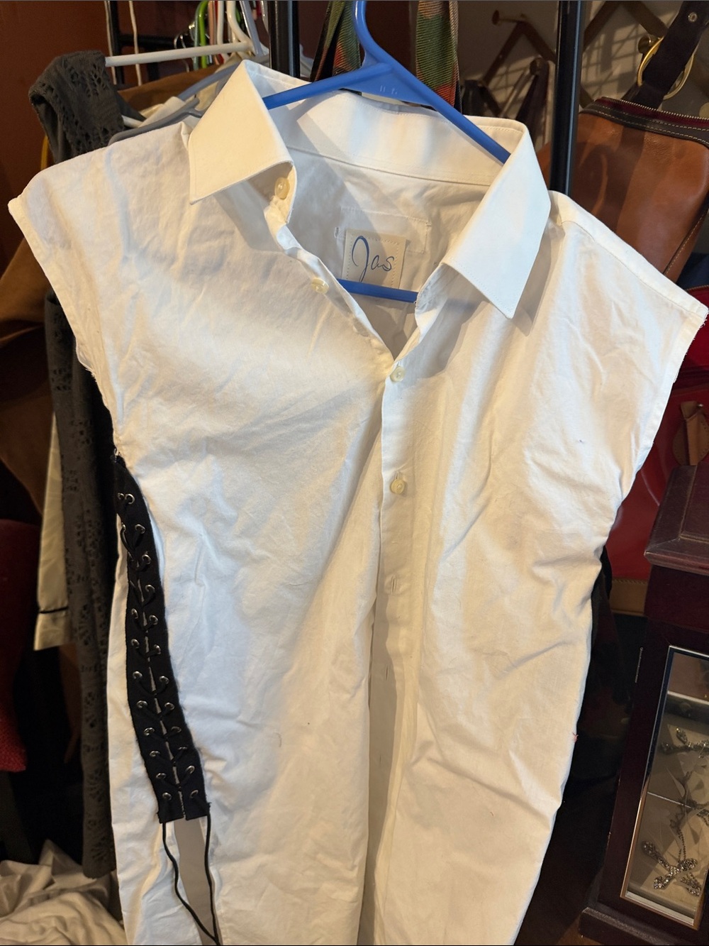 White Sleeveless Dress Shirt with Black Lace-up Side Detail